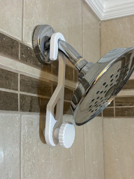 Standard-hook white shower caddy extension hanger installed Simple View