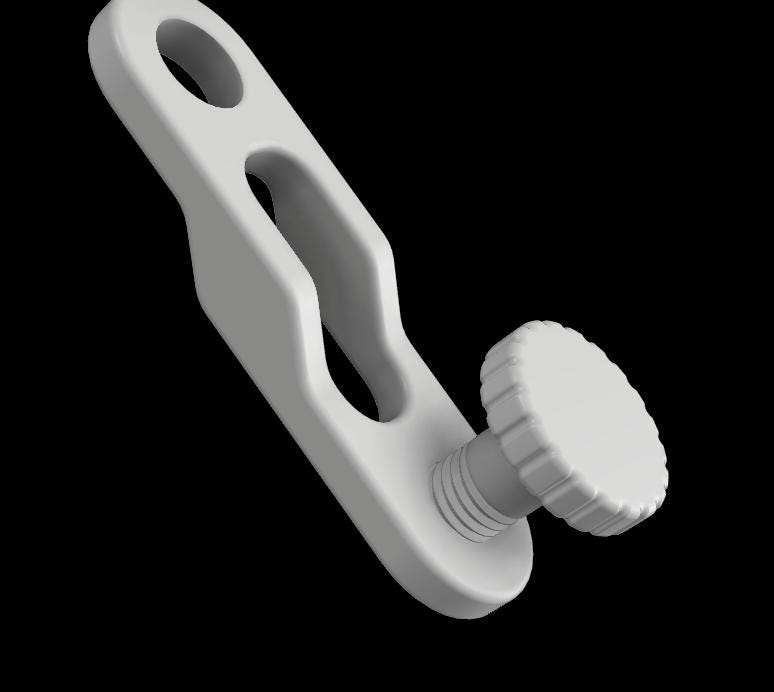 3D render of shower caddy extension lower section of white dual-knob hanger with knob housing