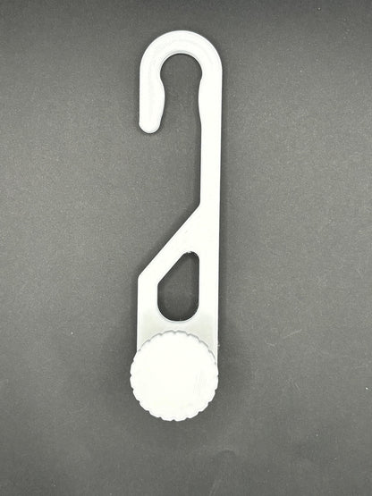 Standard-hook white shower caddy extension hanger with adjustment knob in studio lighting on black background.