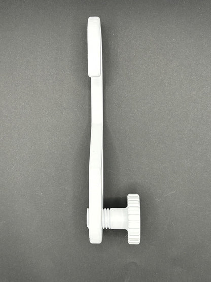 Standard-hook white shower caddy extension hanger with adjustment knob in studio lighting on black background_Side_view.