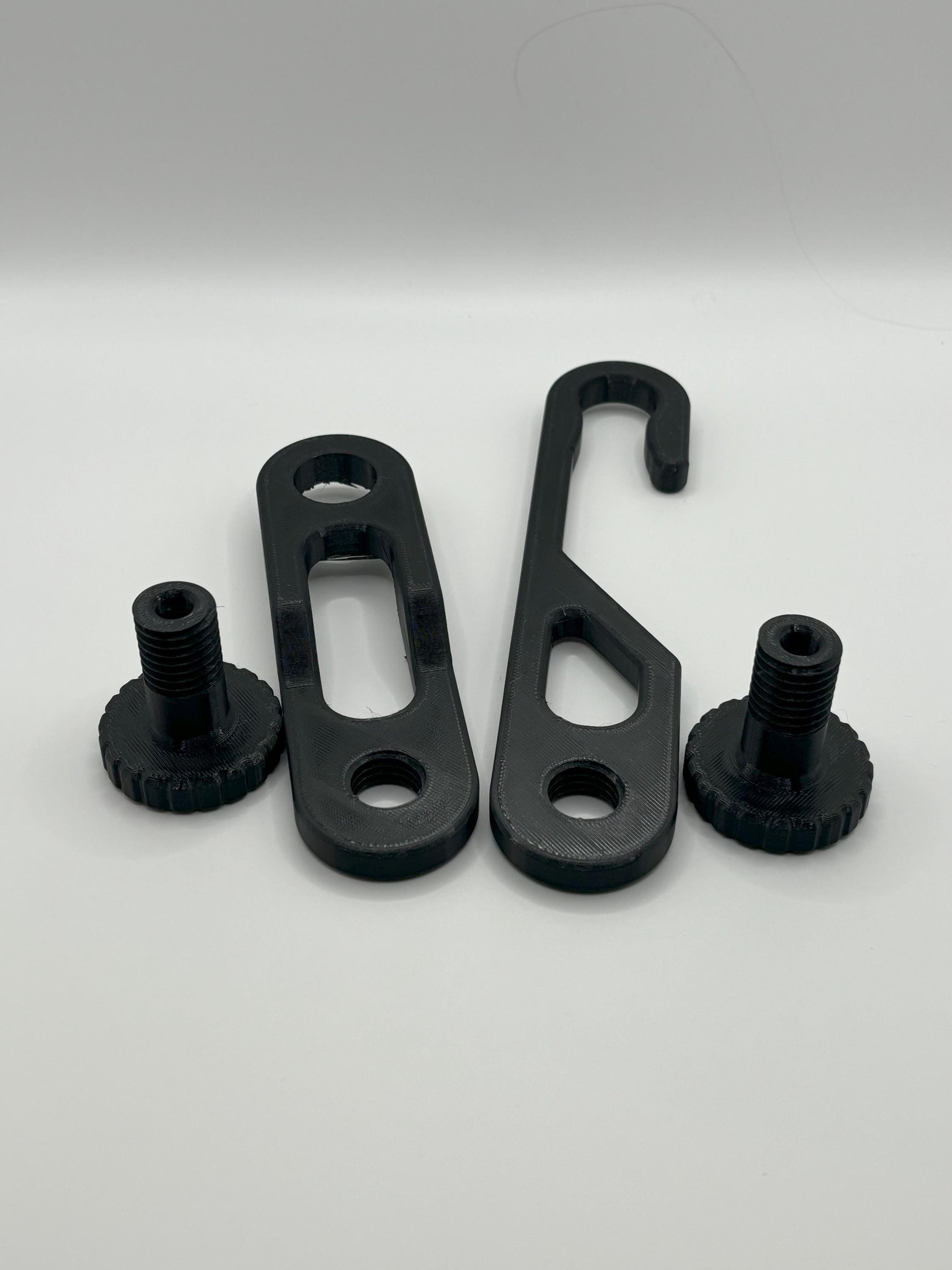Dual-knob black shower caddy extension hanger studio parts lay out, includes standard hanger, 4.5inch additional extender and hanging knobs.