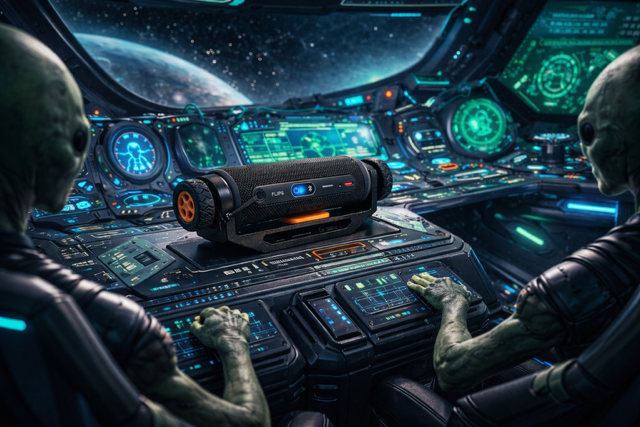 adjustable speaker mount holding JBL Flip 6 style speaker mounted on dash of alien space ship