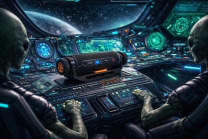 adjustable speaker mount holding JBL Flip 6 style speaker mounted on dash of alien space ship