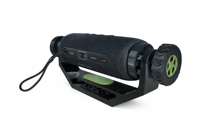 adjustable speaker mount holding JBL Flip 6 style speaker white background green camo trim option