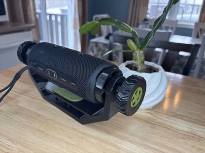 Adjustable speaker mount suitable for wall mount, deck mount, ATV, UTV, and side-by-side vehicles, designed to hold for JBL Flip 6 style speaker securely with green trim package