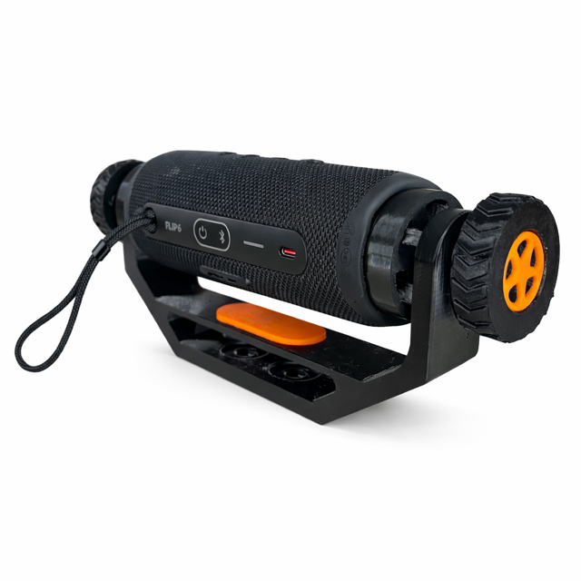 adjustable speaker mount holding JBL Flip 6 style speaker white background orange trim option