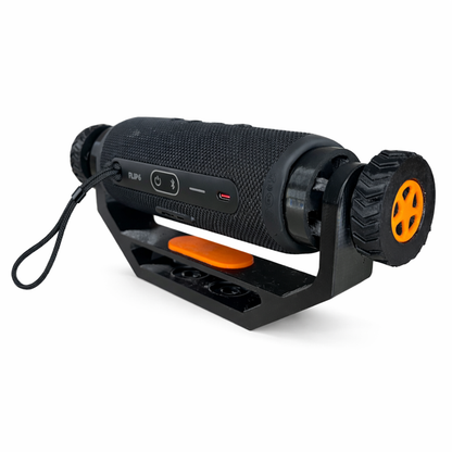 adjustable speaker mount holding JBL Flip 6 style speaker white background orange trim option