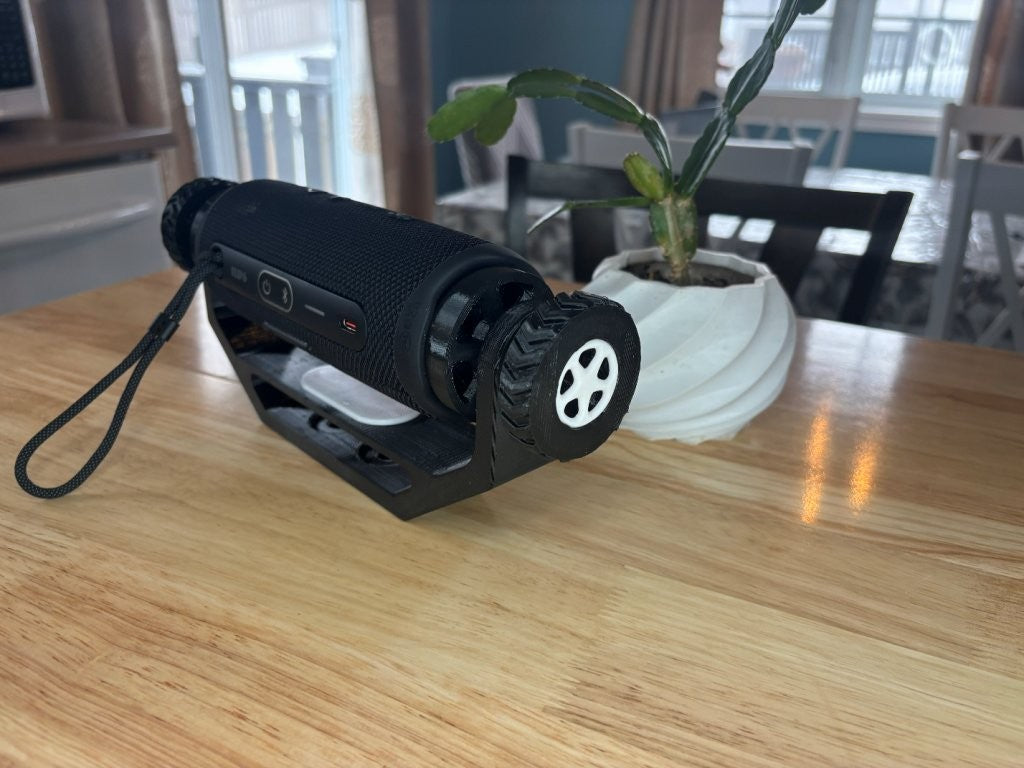 Adjustable speaker mount suitable for wall mount, deck mount, ATV, UTV, and side-by-side vehicles, designed to hold for JBL Flip 6 style speaker securely with white trim package