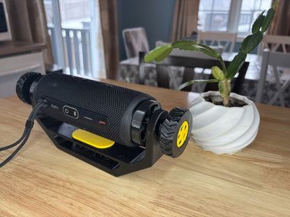 Adjustable speaker mount suitable for wall mount, deck mount, ATV, UTV, and side-by-side vehicles, designed to hold for JBL Flip 6 style speaker securely with yellow trim package 