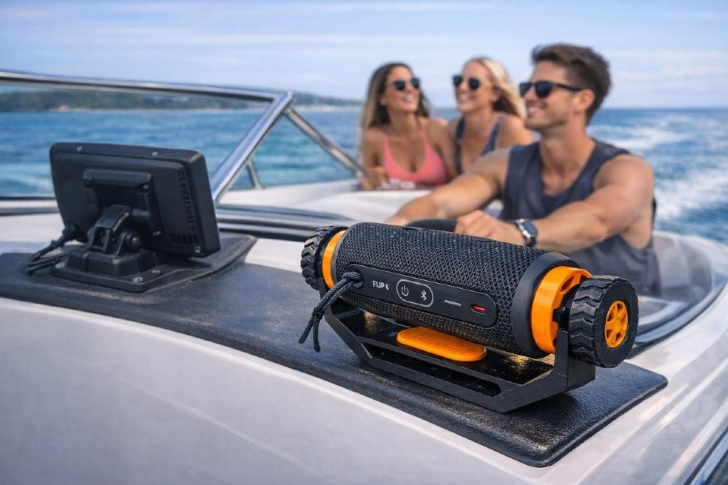 Marine speaker mount installed on a boat, holding a JBL Flip 6 style speaker during recreational boating.
