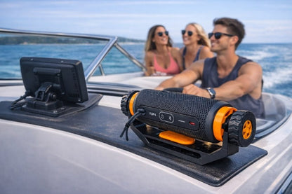 Marine speaker mount installed on a boat, holding a JBL Flip 6 style speaker during recreational boating.