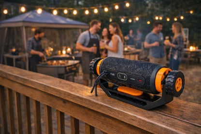 deck-mounted adjustable speaker mount holding a JBL Flip 6 style speaker at a backyard bbq with friends
