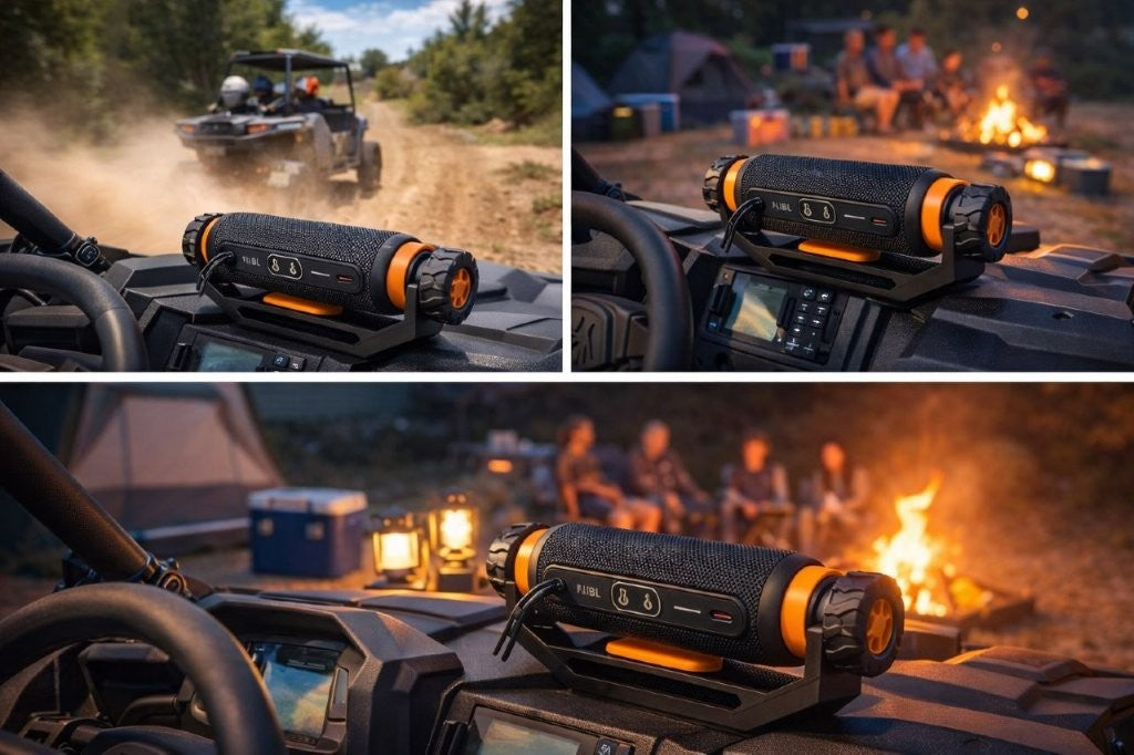 Adjustable speaker mount suitable for wall mount, deck mount, ATV, UTV, and side-by-side vehicles, designed to hold for JBL Flip 6 style speaker pic collage