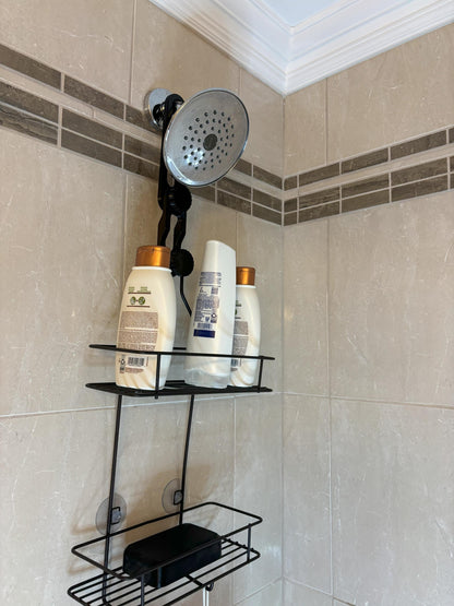 Dual-knob Black shower caddy extension hanger installed on rain shower head