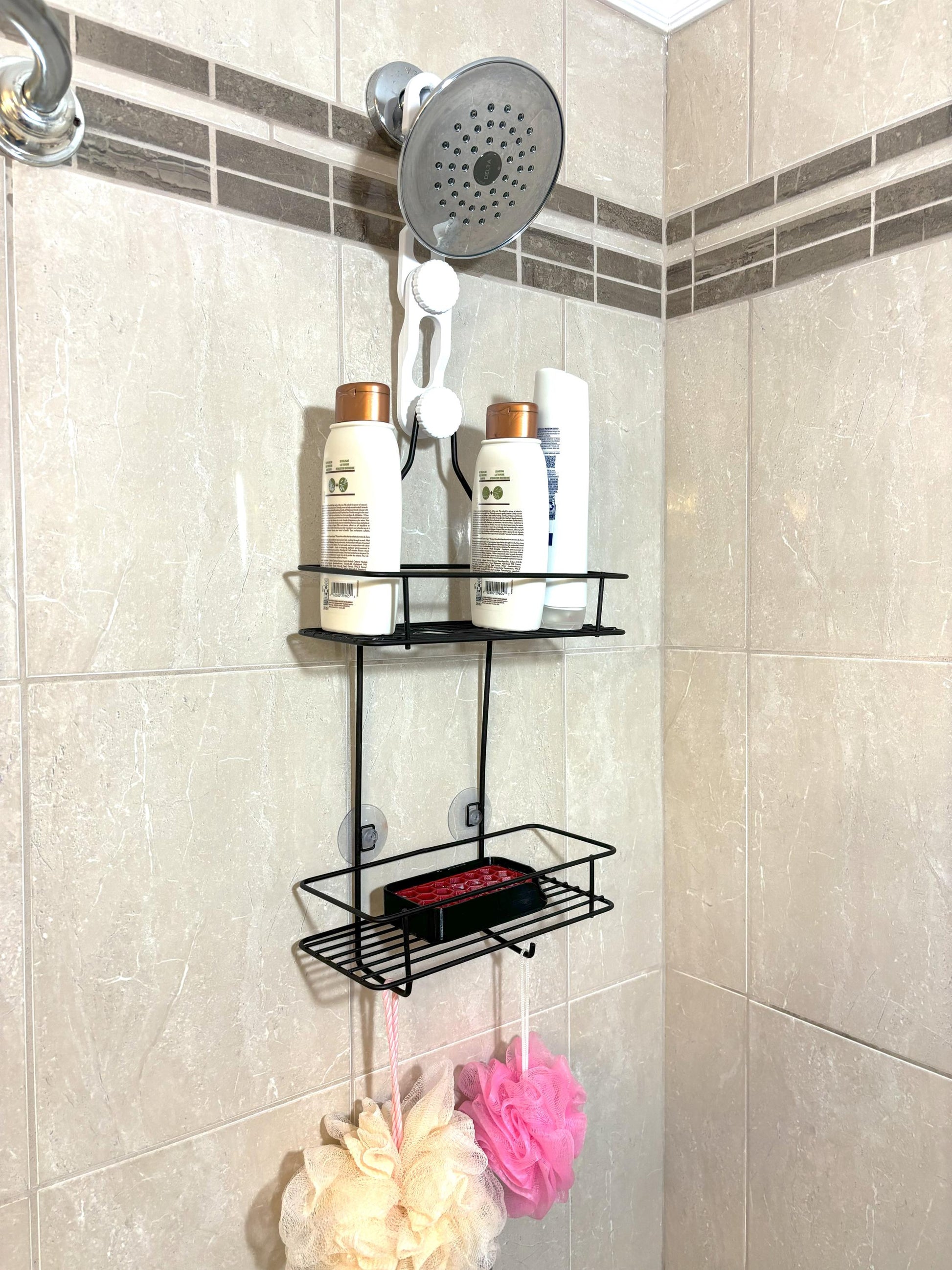 Dual-knob white bath and shower caddy extension hanger installed on rain shower head full length