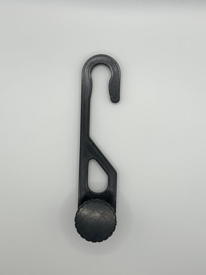 Standard-hook white shower caddy extension hanger_Black_ with adjustment knob in studio lighting on white background.