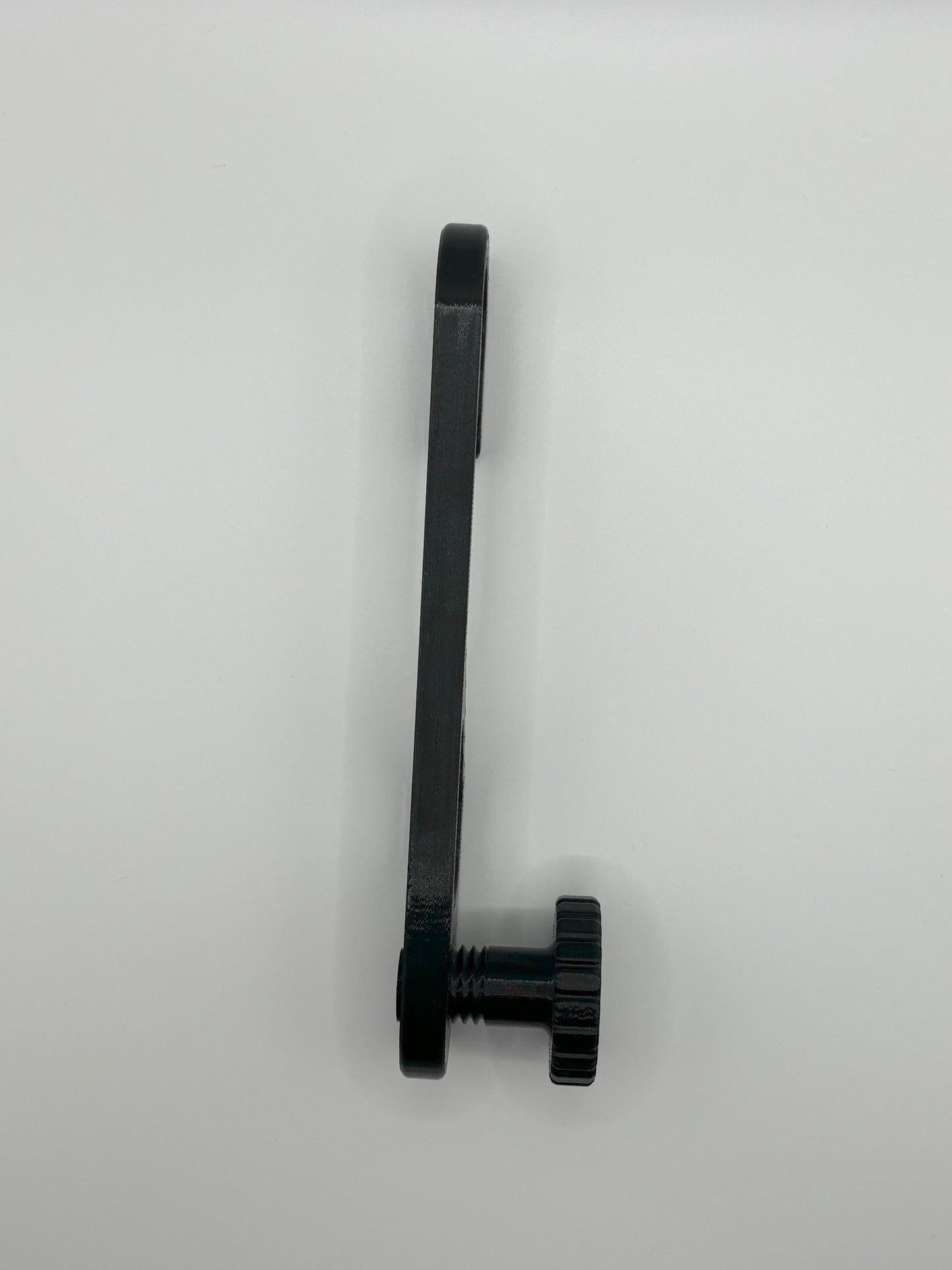 Standard-hook black shower caddy extension hanger showing shape and knob detail Side View.