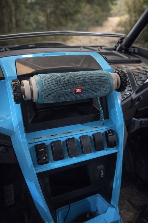 Adjustable speaker mount installed for off-road use, suitable for ATV, UTV, and side-by-side vehicles, holding a JBL Flip 6 style speaker securely
